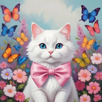 A Cute White Cat With A Pink Bow Holding A Blank Sign Surrounded By Colorful Butterflies Flowers And Pastel Decorations 203 7363