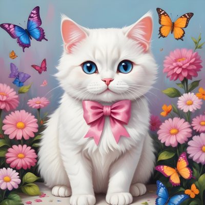 A Cute White Cat With A Pink Bow Holding A Blank Sign Surrounded By Colorful Butterflies Flowers And Pastel Decorations 204 289f