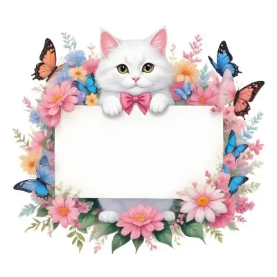 A Cute White Cat With A Pink Bow Holding A Blank Sign Surrounded By Colorful Butterflies Flowers And Pastel Decorations 205 5fd8