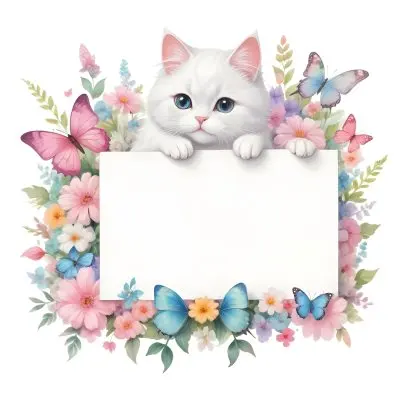 A Cute White Cat With A Pink Bow Holding A Blank Sign Surrounded By Colorful Butterflies Flowers And Pastel Decorations 206 2911