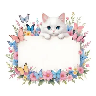 A Cute White Cat With A Pink Bow Holding A Blank Sign Surrounded By Colorful Butterflies Flowers And Pastel Decorations 207 017b