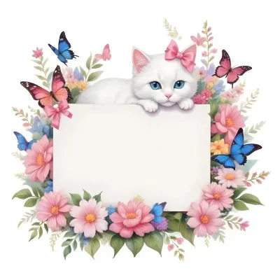 A Cute White Cat With A Pink Bow Holding A Blank Sign Surrounded By Colorful Butterflies Flowers And Pastel Decorations 208 480c