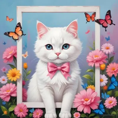 A Cute White Cat With A Pink Bow Holding A Blank Sign Surrounded By Colorful Butterflies Flowers And Pastel Decorations 209 F98c