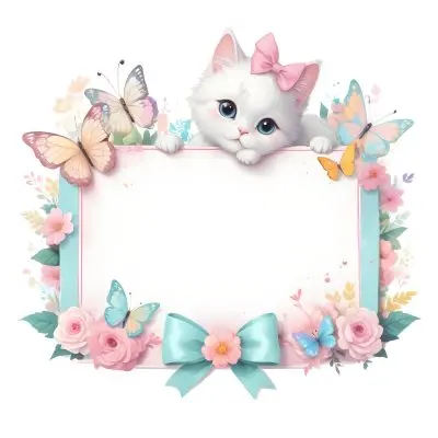 A Cute White Cat With A Pink Bow Holding A Blank Sign Surrounded By Colorful Butterflies Flowers And Pastel Decorations 21 8fbb