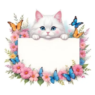 A Cute White Cat With A Pink Bow Holding A Blank Sign Surrounded By Colorful Butterflies Flowers And Pastel Decorations 210 9c5b