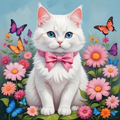 A Cute White Cat With A Pink Bow Holding A Blank Sign Surrounded By Colorful Butterflies Flowers And Pastel Decorations 211 63ef