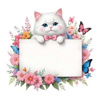A Cute White Cat With A Pink Bow Holding A Blank Sign Surrounded By Colorful Butterflies Flowers And Pastel Decorations 212 163d