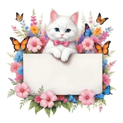 A Cute White Cat With A Pink Bow Holding A Blank Sign Surrounded By Colorful Butterflies Flowers And Pastel Decorations 213 Aecd
