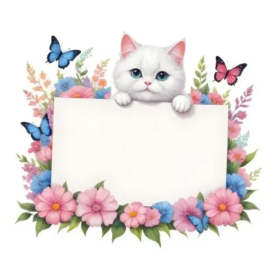 A Cute White Cat With A Pink Bow Holding A Blank Sign Surrounded By Colorful Butterflies Flowers And Pastel Decorations 215 Bd49
