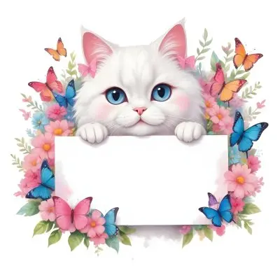 A Cute White Cat With A Pink Bow Holding A Blank Sign Surrounded By Colorful Butterflies Flowers And Pastel Decorations 216 Eb49