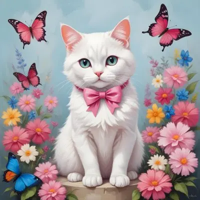 A Cute White Cat With A Pink Bow Holding A Blank Sign Surrounded By Colorful Butterflies Flowers And Pastel Decorations 218 Fc7d