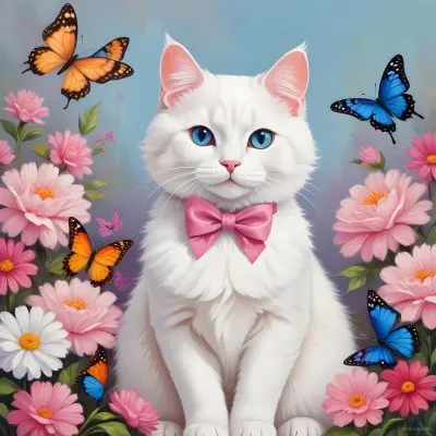 A Cute White Cat With A Pink Bow Holding A Blank Sign Surrounded By Colorful Butterflies Flowers And Pastel Decorations 219 B991