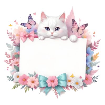 A Cute White Cat With A Pink Bow Holding A Blank Sign Surrounded By Colorful Butterflies Flowers And Pastel Decorations 22 9f11