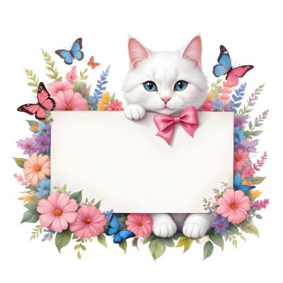 A Cute White Cat With A Pink Bow Holding A Blank Sign Surrounded By Colorful Butterflies Flowers And Pastel Decorations 221 Fe63