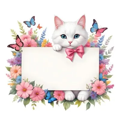 A Cute White Cat With A Pink Bow Holding A Blank Sign Surrounded By Colorful Butterflies Flowers And Pastel Decorations 221 Fe63