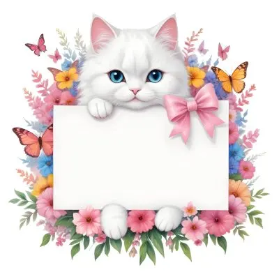 A Cute White Cat With A Pink Bow Holding A Blank Sign Surrounded By Colorful Butterflies Flowers And Pastel Decorations 222 E5d7