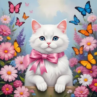 A Cute White Cat With A Pink Bow Holding A Blank Sign Surrounded By Colorful Butterflies Flowers And Pastel Decorations 223 0501