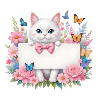 A Cute White Cat With A Pink Bow Holding A Blank Sign Surrounded By Colorful Butterflies Flowers And Pastel Decorations 224 1768
