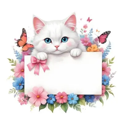 A Cute White Cat With A Pink Bow Holding A Blank Sign Surrounded By Colorful Butterflies Flowers And Pastel Decorations 225 9b73
