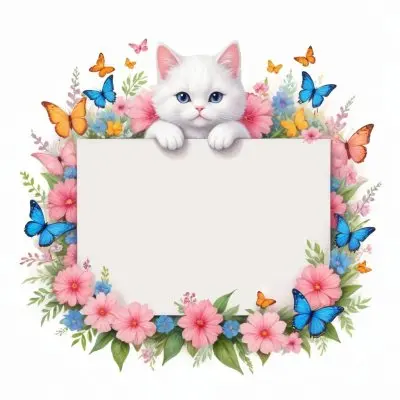 A Cute White Cat With A Pink Bow Holding A Blank Sign Surrounded By Colorful Butterflies Flowers And Pastel Decorations 226 C28a