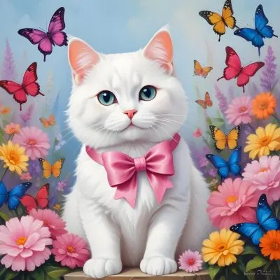 A Cute White Cat With A Pink Bow Holding A Blank Sign Surrounded By Colorful Butterflies Flowers And Pastel Decorations 227 3ab8