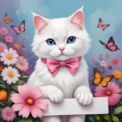 A Cute White Cat With A Pink Bow Holding A Blank Sign Surrounded By Colorful Butterflies Flowers And Pastel Decorations 228 95d5