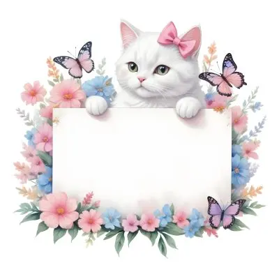 A Cute White Cat With A Pink Bow Holding A Blank Sign Surrounded By Colorful Butterflies Flowers And Pastel Decorations 229 C3c7