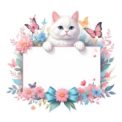 A Cute White Cat With A Pink Bow Holding A Blank Sign Surrounded By Colorful Butterflies Flowers And Pastel Decorations 23 2237