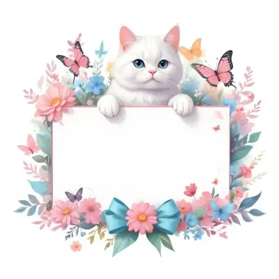 A Cute White Cat With A Pink Bow Holding A Blank Sign Surrounded By Colorful Butterflies Flowers And Pastel Decorations 23 2237