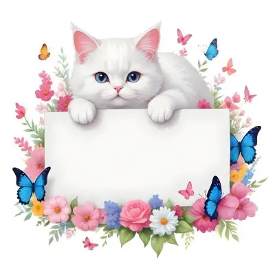 A Cute White Cat With A Pink Bow Holding A Blank Sign Surrounded By Colorful Butterflies Flowers And Pastel Decorations 230 B5b7