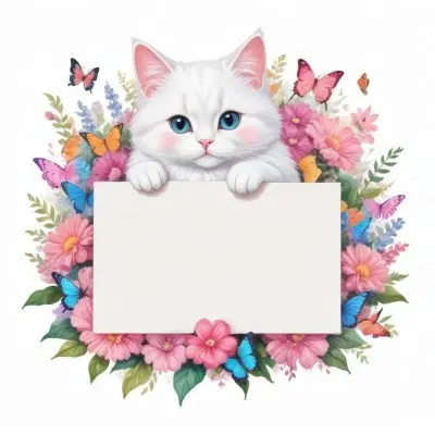 A Cute White Cat With A Pink Bow Holding A Blank Sign Surrounded By Colorful Butterflies Flowers And Pastel Decorations 231 Acd2