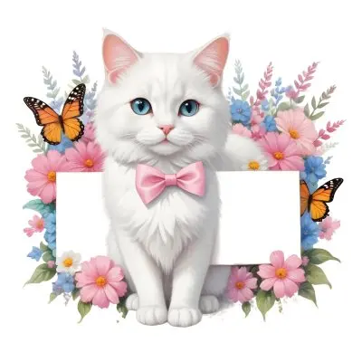 A Cute White Cat With A Pink Bow Holding A Blank Sign Surrounded By Colorful Butterflies Flowers And Pastel Decorations 232 2554