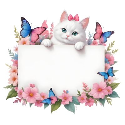 A Cute White Cat With A Pink Bow Holding A Blank Sign Surrounded By Colorful Butterflies Flowers And Pastel Decorations 233 63ac