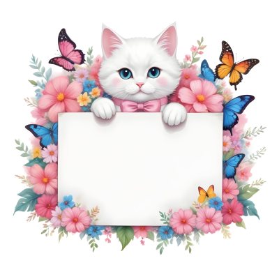 A Cute White Cat With A Pink Bow Holding A Blank Sign Surrounded By Colorful Butterflies Flowers And Pastel Decorations 234 82a0