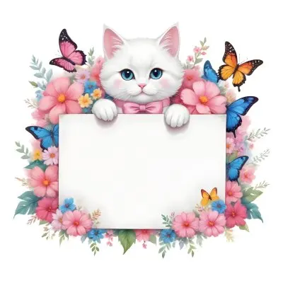A Cute White Cat With A Pink Bow Holding A Blank Sign Surrounded By Colorful Butterflies Flowers And Pastel Decorations 234 82a0