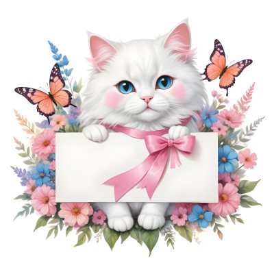 A Cute White Cat With A Pink Bow Holding A Blank Sign Surrounded By Colorful Butterflies Flowers And Pastel Decorations 235 0ae0