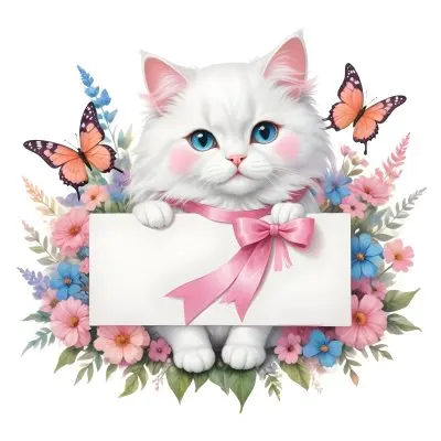 A Cute White Cat With A Pink Bow Holding A Blank Sign Surrounded By Colorful Butterflies Flowers And Pastel Decorations 235 0ae0