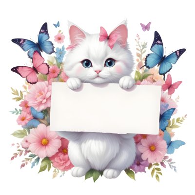 A Cute White Cat With A Pink Bow Holding A Blank Sign Surrounded By Colorful Butterflies Flowers And Pastel Decorations 236 A005