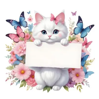 A Cute White Cat With A Pink Bow Holding A Blank Sign Surrounded By Colorful Butterflies Flowers And Pastel Decorations 236 A005