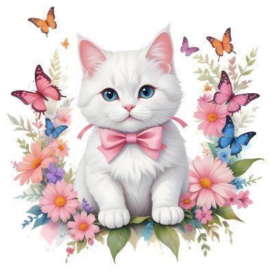 A Cute White Cat With A Pink Bow Holding A Blank Sign Surrounded By Colorful Butterflies Flowers And Pastel Decorations 237 B61c