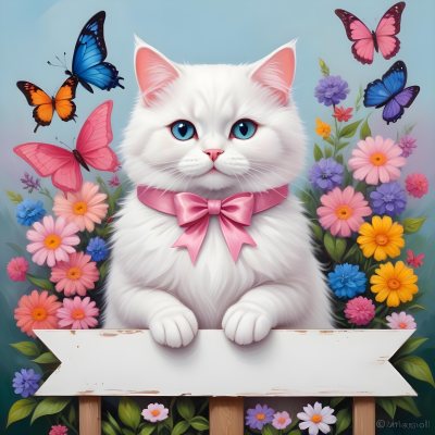 A Cute White Cat With A Pink Bow Holding A Blank Sign Surrounded By Colorful Butterflies Flowers And Pastel Decorations 238 B312
