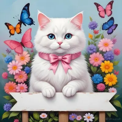 A Cute White Cat With A Pink Bow Holding A Blank Sign Surrounded By Colorful Butterflies Flowers And Pastel Decorations 238 B312