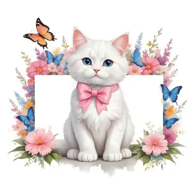 A Cute White Cat With A Pink Bow Holding A Blank Sign Surrounded By Colorful Butterflies Flowers And Pastel Decorations 239 28ed