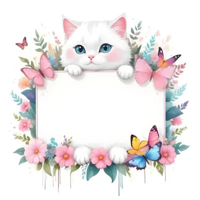 A Cute White Cat With A Pink Bow Holding A Blank Sign Surrounded By Colorful Butterflies Flowers And Pastel Decorations 24 B6d6