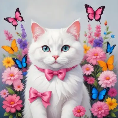 A Cute White Cat With A Pink Bow Holding A Blank Sign Surrounded By Colorful Butterflies Flowers And Pastel Decorations 240 1b28