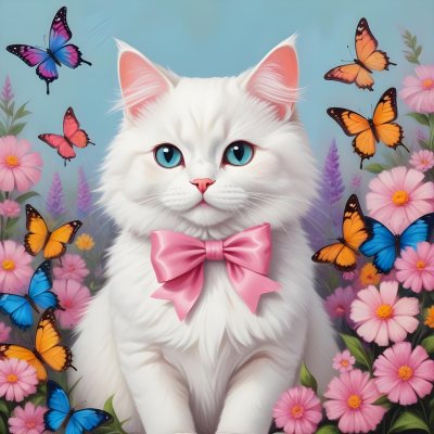 A Cute White Cat With A Pink Bow Holding A Blank Sign Surrounded By Colorful Butterflies Flowers And Pastel Decorations 241 Dc2e