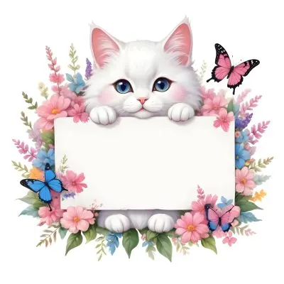 A Cute White Cat With A Pink Bow Holding A Blank Sign Surrounded By Colorful Butterflies Flowers And Pastel Decorations 242 Dfe6