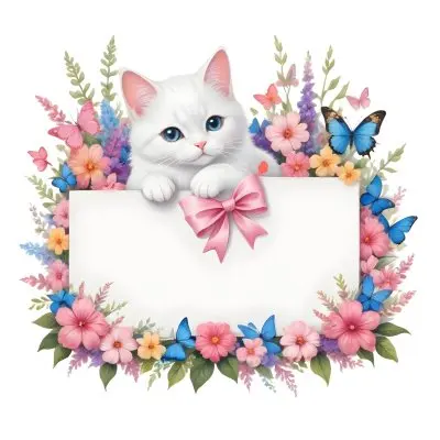 A Cute White Cat With A Pink Bow Holding A Blank Sign Surrounded By Colorful Butterflies Flowers And Pastel Decorations 244 9e99