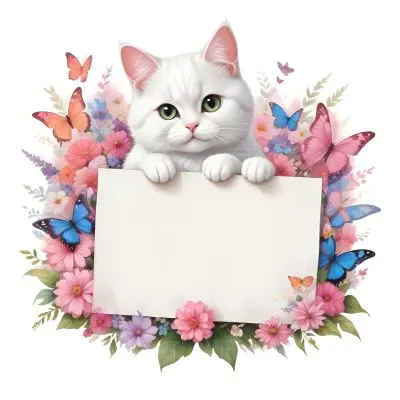 A Cute White Cat With A Pink Bow Holding A Blank Sign Surrounded By Colorful Butterflies Flowers And Pastel Decorations 245 63f6