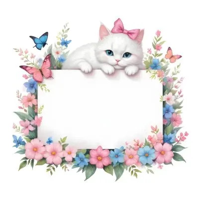 A Cute White Cat With A Pink Bow Holding A Blank Sign Surrounded By Colorful Butterflies Flowers And Pastel Decorations 246 D66a